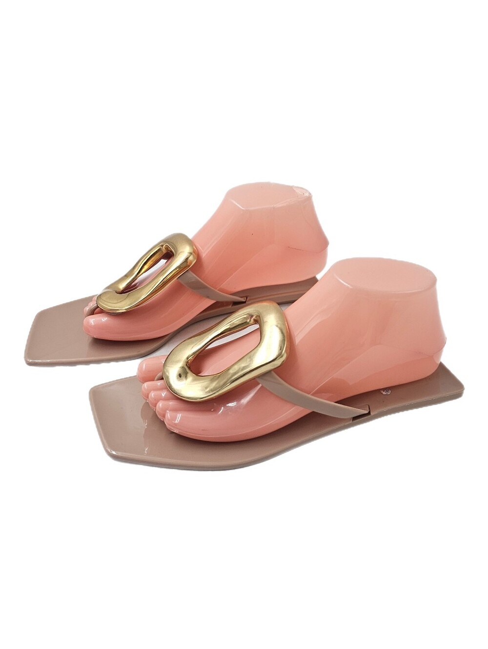 Jeffrey Campbell Linques Jelly Thong Sandals Beige Gold Square Toe Size 8